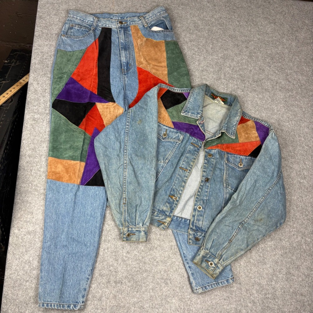 Vintage Seruchi Denim Suede Patchwork 2 Piece Set Jacket & Jeans Womens 14 Multi